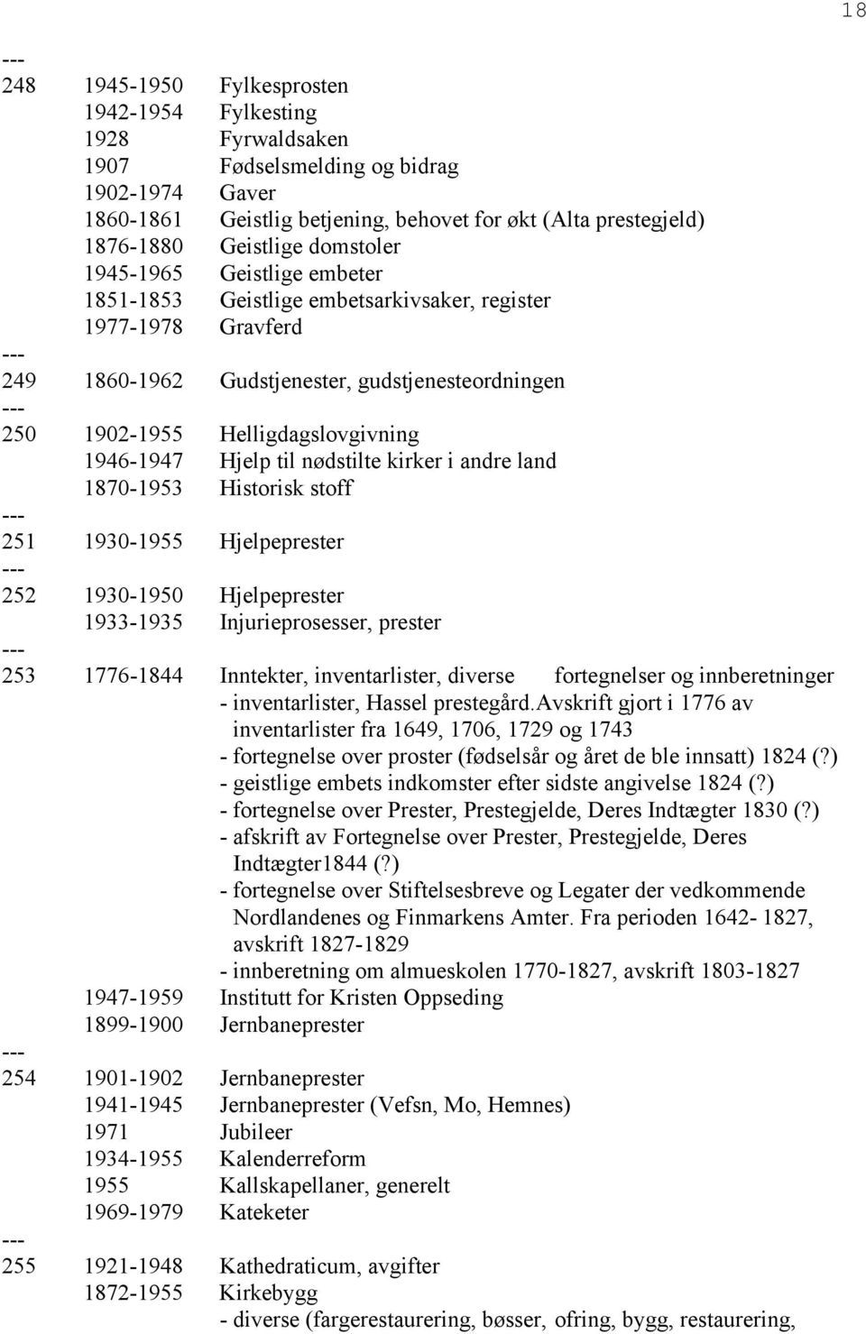 Hjelp til nødstilte kirker i andre land 1870-1953 Historisk stoff 251 1930-1955 Hjelpeprester 252 1930-1950 Hjelpeprester 1933-1935 Injurieprosesser, prester 253 1776-1844 Inntekter, inventarlister,