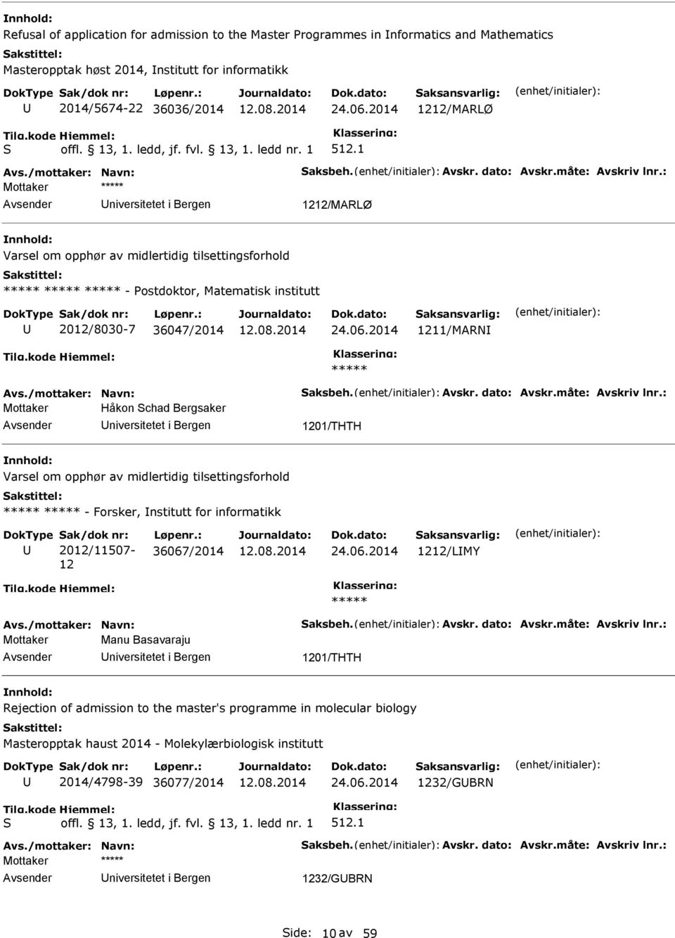 : Mottaker niversitetet i Bergen 1212/MARLØ Varsel om opphør av midlertidig tilsettingsforhold - ostdoktor, Matematisk institutt 2012/8030-7 36047/2014 24.06.2014 1211/MARN Avs.