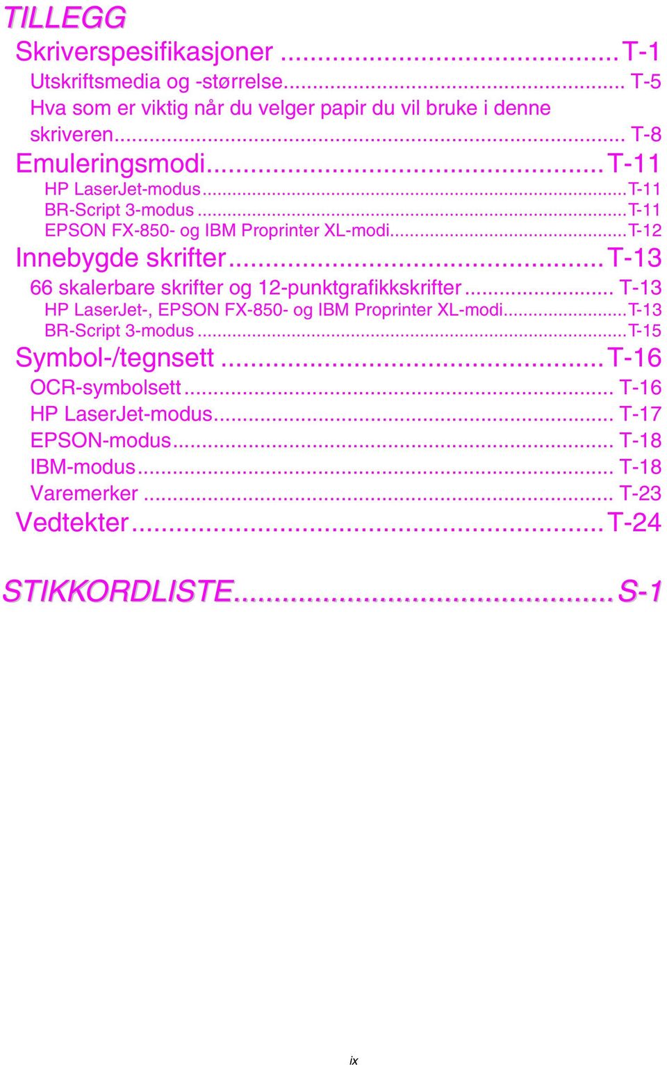 ..t-13 66 skalerbare skrifter og 12-punktgrafikkskrifter... T-13 HP LaserJet-, EPSON FX-850- og IBM Proprinter XL-modi...T-13 BR-Script 3-modus.