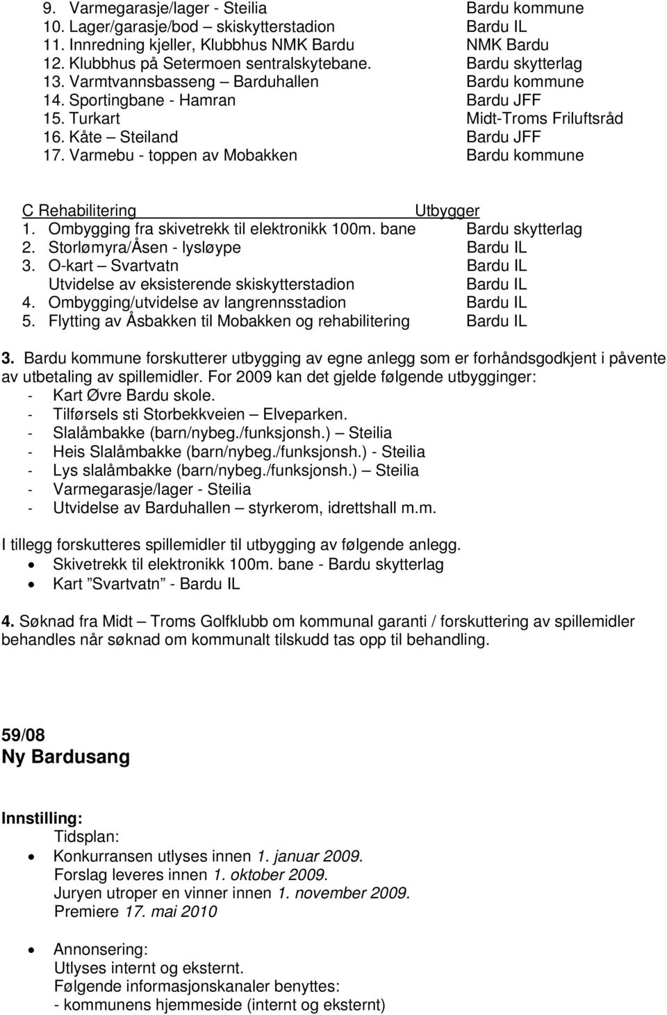 Varmebu - toppen av Mobakken Bardu kommune C Rehabilitering Utbygger 1. Ombygging fra skivetrekk til elektronikk 100m. bane Bardu skytterlag 2. Storlømyra/Åsen - lysløype Bardu IL 3.