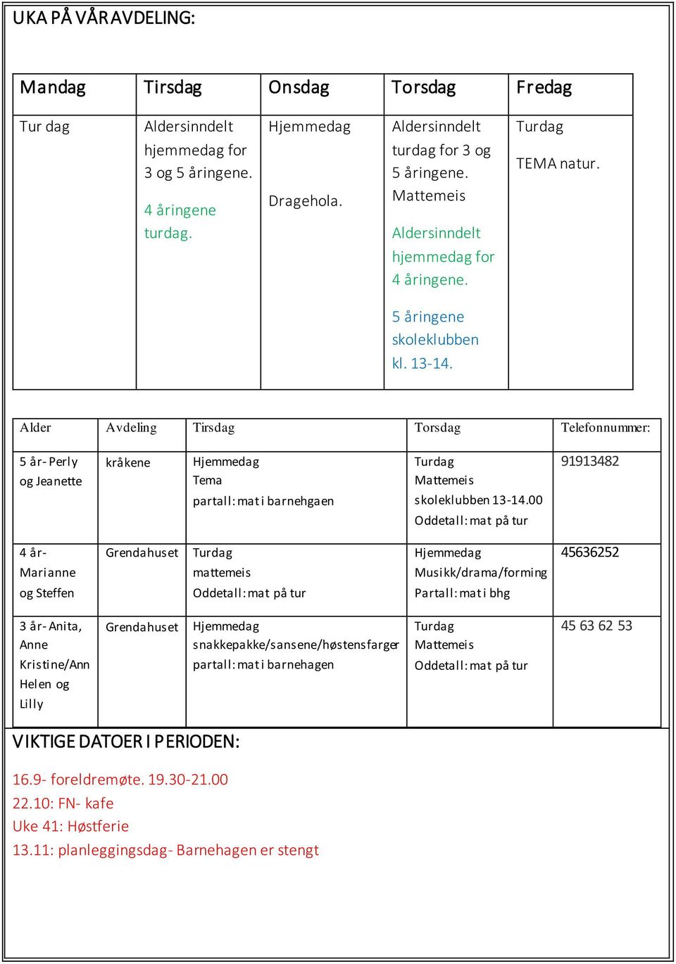 Alder Avdeling Tirsdag Torsdag Telefonnummer: 5 år- Perly og Jeanette kråkene Tema partall: mat i barnehgaen Mattemeis skoleklubben 13-14.