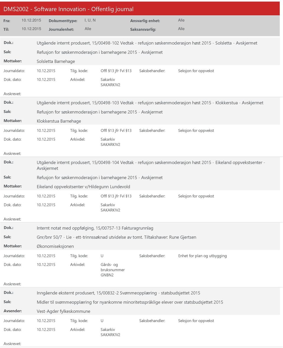 kode: tgående internt produsert, 15/00498-104 Vedtak - refusjon søskenmoderasjon høst 2015 - Eikeland oppvekstsenter - Refusjon for søskenmoderasjon i barnehagene 2015 - Eikeland oppvekstsenter