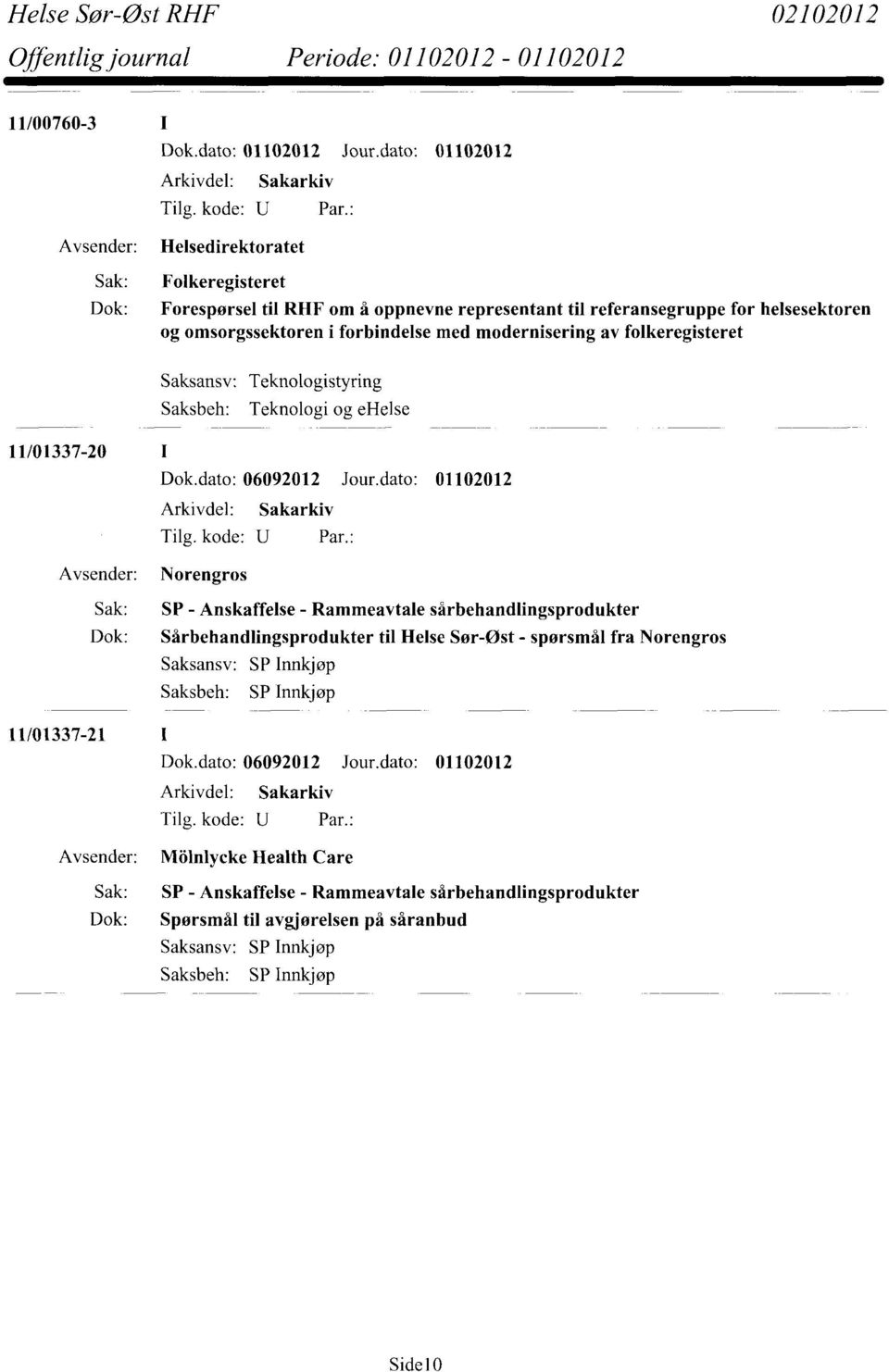 dato: 01102012 Norengros Sak: SP - Anskaffelse - Rammeavtale sårbehandlingsprodukter Dok: Sårbehandlingsprodukter til Helse Sør-Øst - spørsmål fra Norengros Saksansv: SP Innkjøp Saksbeh: SP Innkjøp