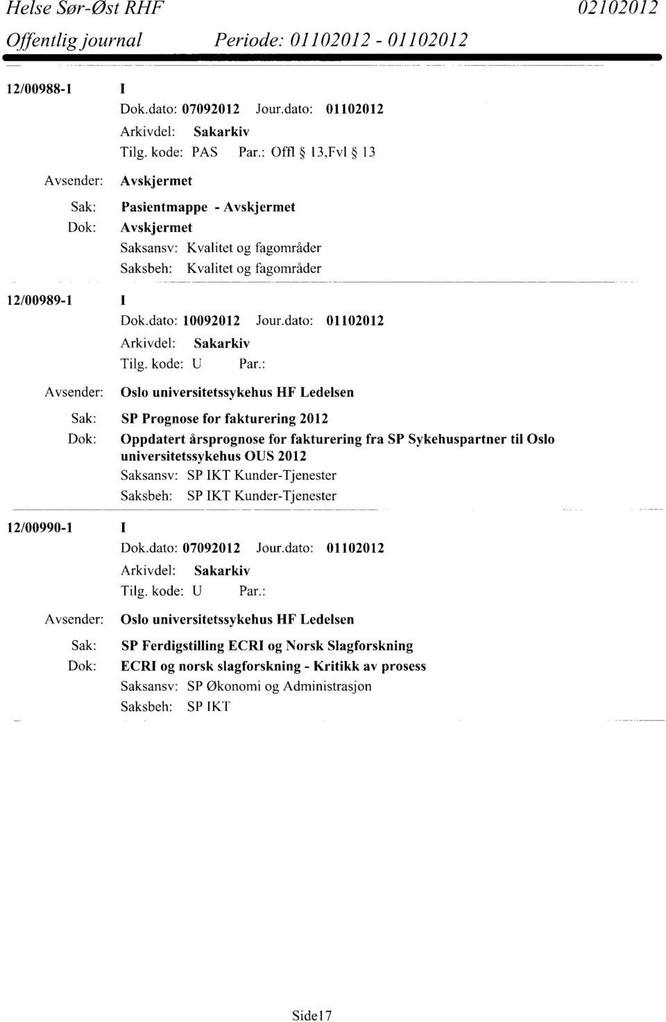 dato: 01102012 Oslo universitetssykehus HF Ledelsen Sak: SP Prognose for fakturering 2012 Dok: Oppdatert årsprognose for fakturering fra SP Sykehuspartner til Oslo universitetssykehus OUS