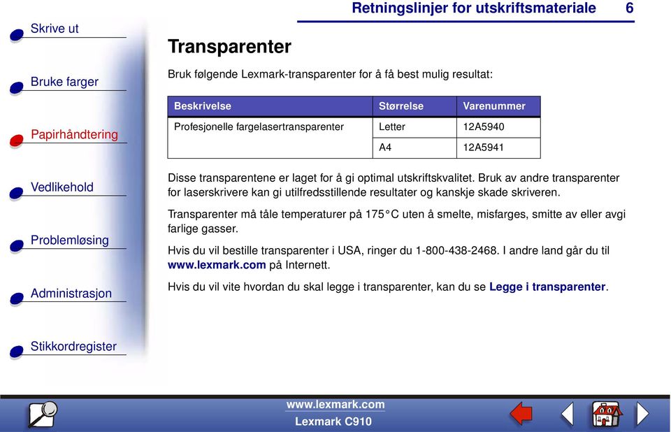 Bruk av andre transparenter for laserskrivere kan gi utilfredsstillende resultater og kanskje skade skriveren.