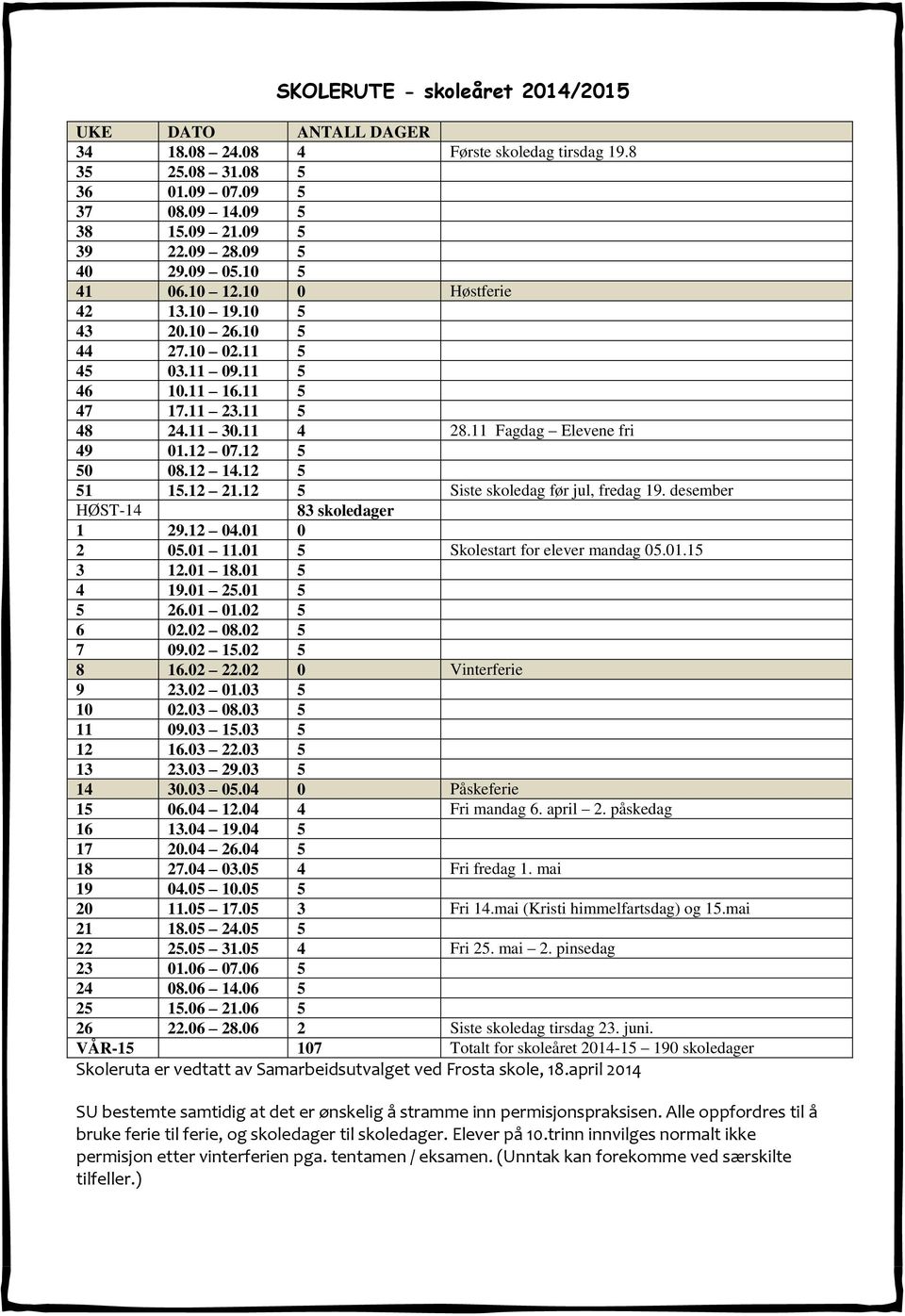 12 14.12 5 51 15.12 21.12 5 Siste skoledag før jul, fredag 19. desember HØST-14 83 skoledager 1 29.12 04.01 0 2 05.01 11.01 5 Skolestart for elever mandag 05.01.15 3 12.01 18.01 5 4 19.01 25.