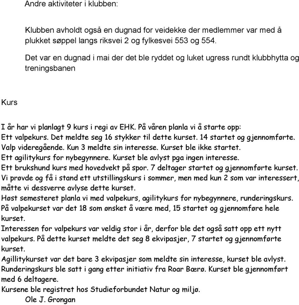 Det meldte seg 16 stykker til dette kurset. 14 startet og gjennomførte. Valp videregående. Kun 3 meldte sin interesse. Kurset ble ikke startet. Ett agilitykurs for nybegynnere.