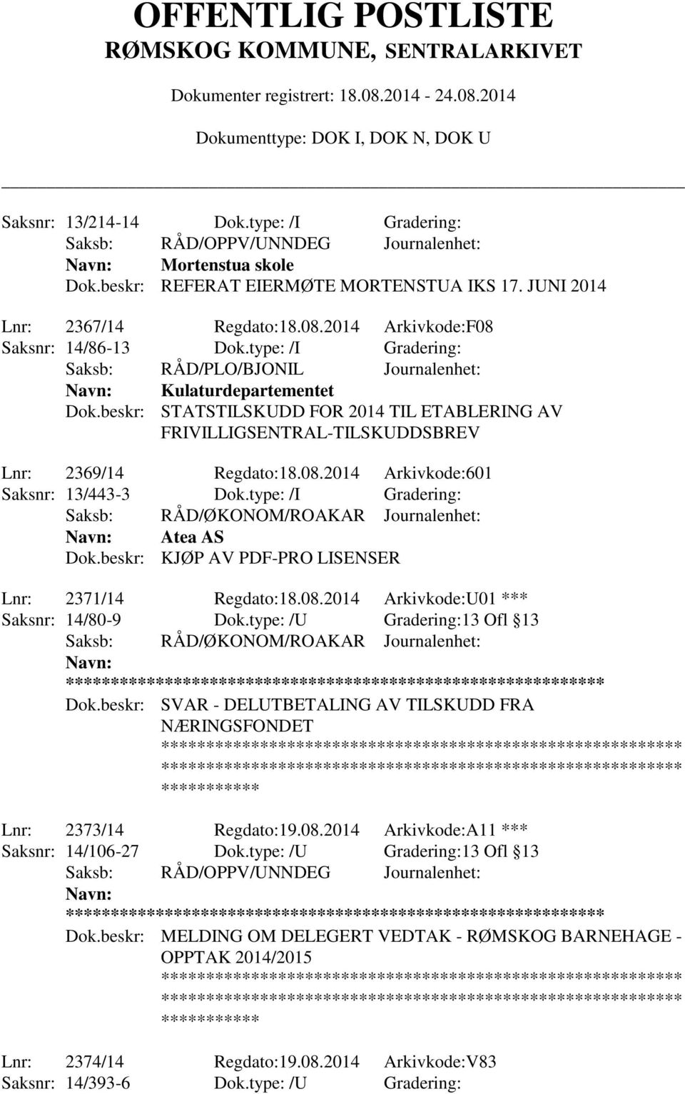 2014 Arkivkode:601 Saksnr: 13/443-3 Dok.type: /I Gradering: Saksb: RÅD/ØKONOM/ROAKAR Journalenhet: Atea AS Dok.beskr: KJØP AV PDF-PRO LISENSER Lnr: 2371/14 Regdato:18.08.