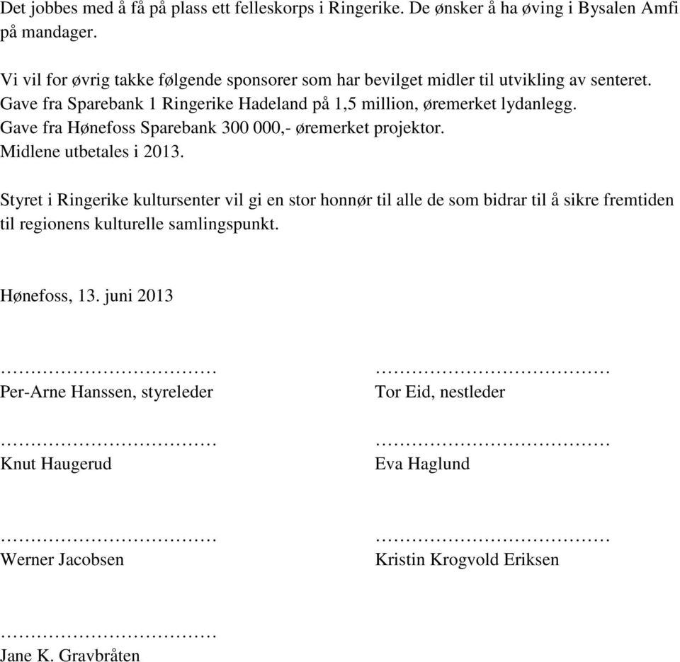 Gave fra Sparebank 1 Ringerike Hadeland på 1,5 million, øremerket lydanlegg. Gave fra Hønefoss Sparebank 300 000,- øremerket projektor. Midlene utbetales i 2013.