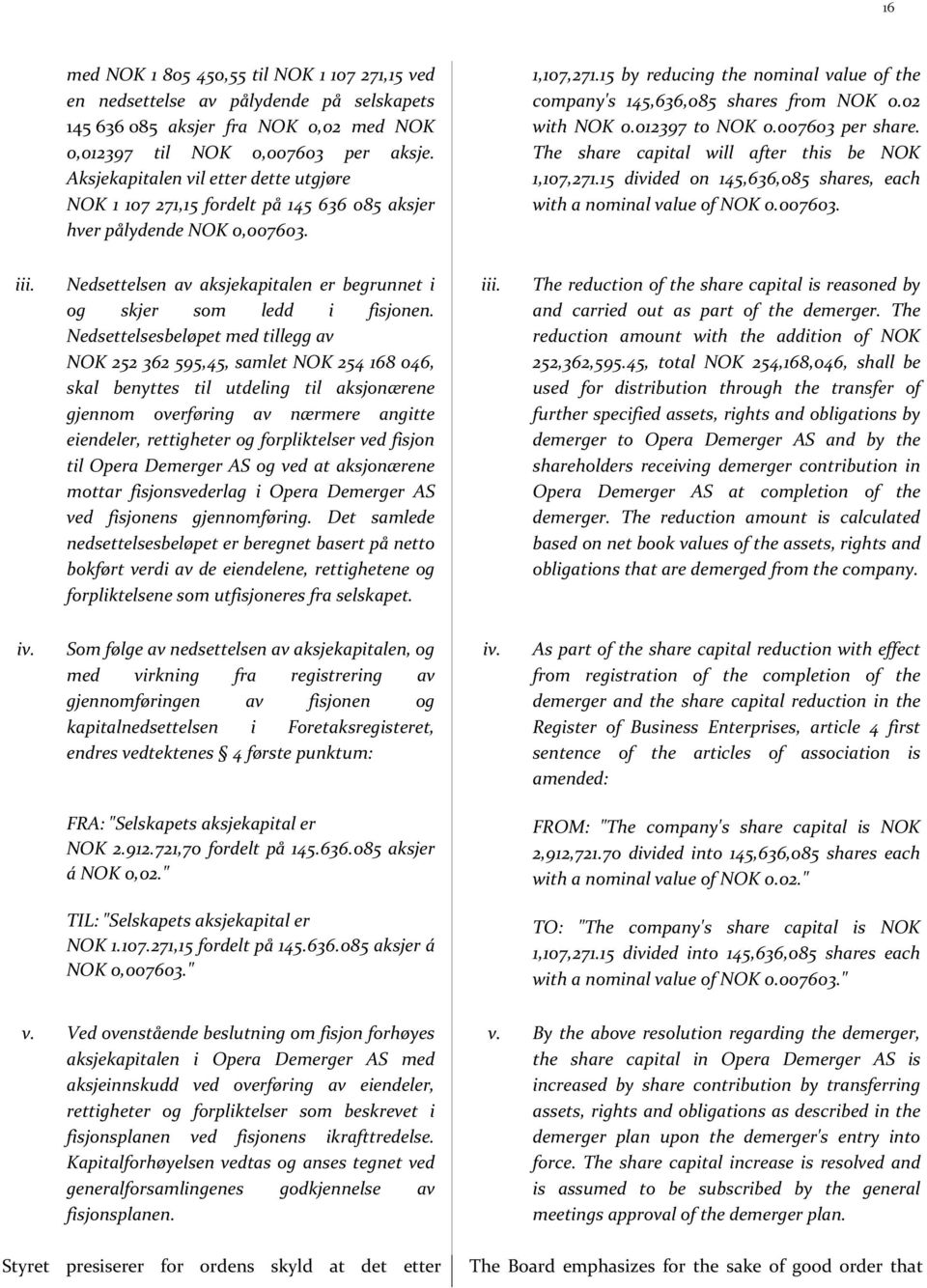 15 by reducing the nominal value of the company's 145,636,085 shares from NOK 0.02 with NOK 0.012397 to NOK 0.007603 per share. The share capital will after this be NOK 1,107,271.