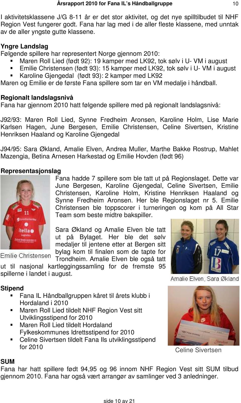 Yngre Landslag Følgende spillere har representert Norge gjennom 2010: Maren Roll Lied (født 92): 19 kamper med LK92, tok sølv i U- VM i august Emilie Christensen (født 93): 15 kamper med LK92, tok