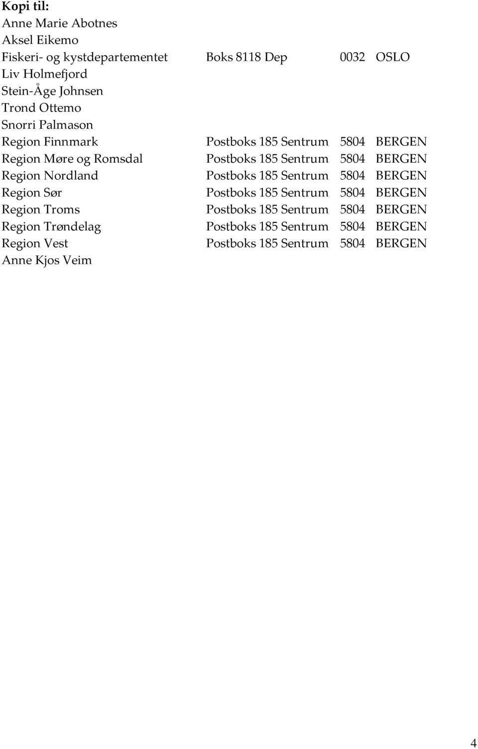 BERGEN Region Nordland Postboks 185 Sentrum 5804 BERGEN Region Sør Postboks 185 Sentrum 5804 BERGEN Region Troms Postboks 185