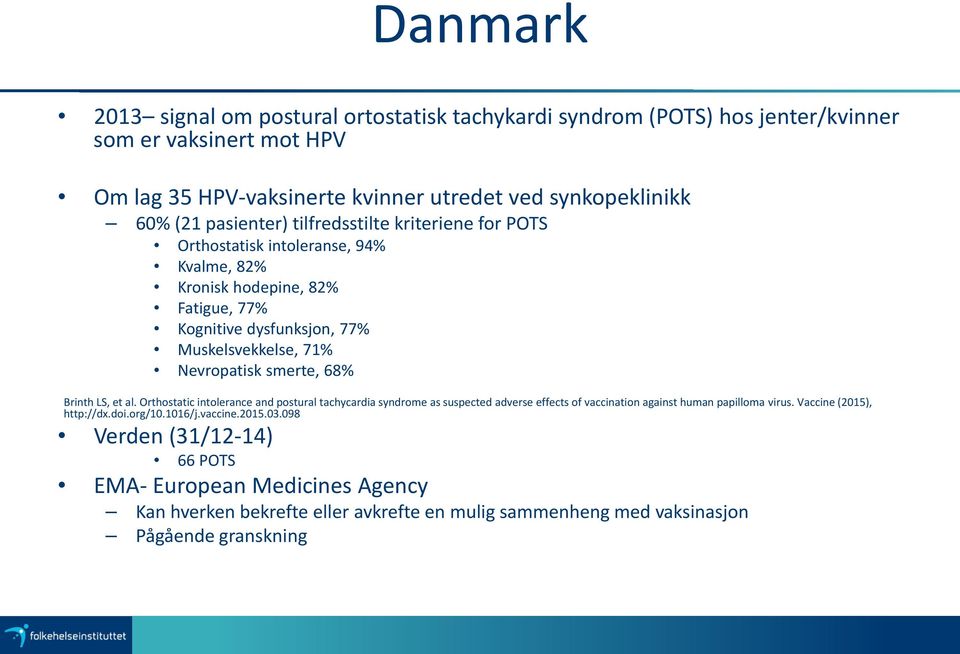 smerte, 68% Brinth LS, et al. Orthostatic intolerance and postural tachycardia syndrome as suspected adverse effects of vaccination against human papilloma virus.