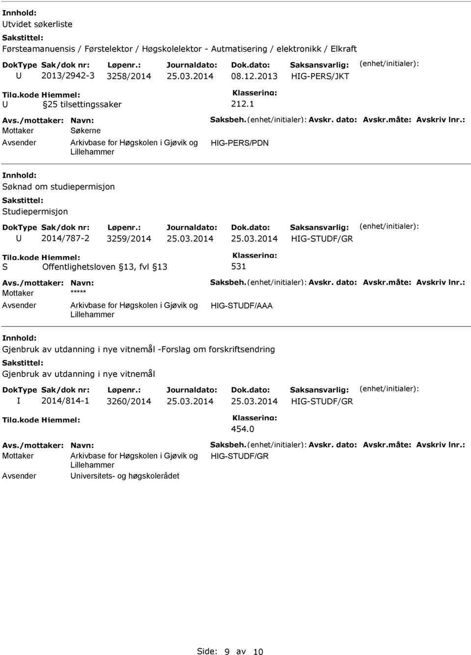 2013 25 tilsettingssaker Mottaker økerne HG-PER/PDN øknad om studiepermisjon tudiepermisjon 2014/787-2 3259/2014 HG-TDF/GR