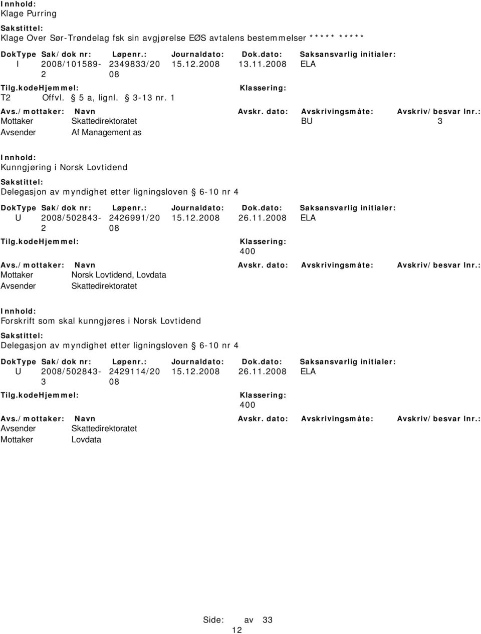 1 BU 3 Avsender Af Management as Kunngjøring i Norsk Lovtidend Delegasjon av myndighet etter ligningsloven 6-10 nr 4 U 2008/502843-2426991/20