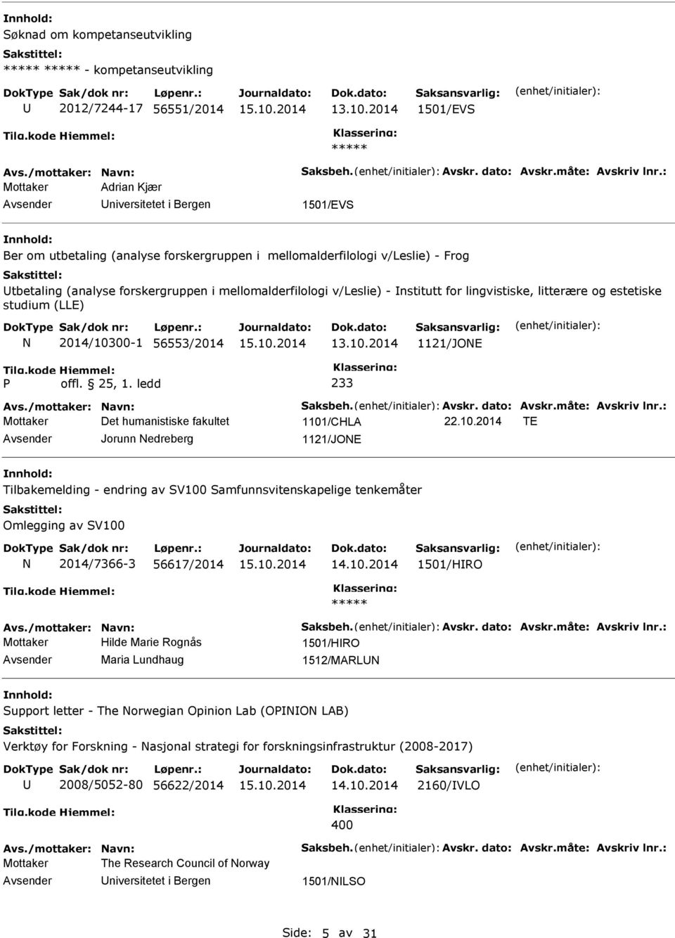 mellomalderfilologi v/leslie) - nstitutt for lingvistiske, litterære og estetiske studium (LLE) 2014/10300-1 56553/2014 13.10.2014 1121/JOE offl. 25, 1. ledd 233 Avs./mottaker: avn: Saksbeh. Avskr.