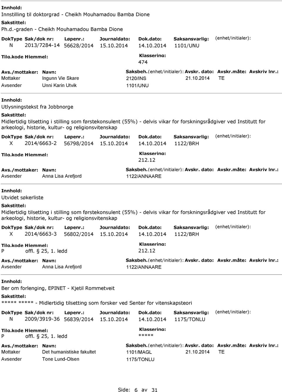 2014 TE Avsender Unni Karin Utvik 1101/UU Utlysningstekst fra Jobbnorge Midlertidig tilsetting i stilling som førstekonsulent (55%) - delvis vikar for forskningsrådgiver ved nstitutt for arkeologi,