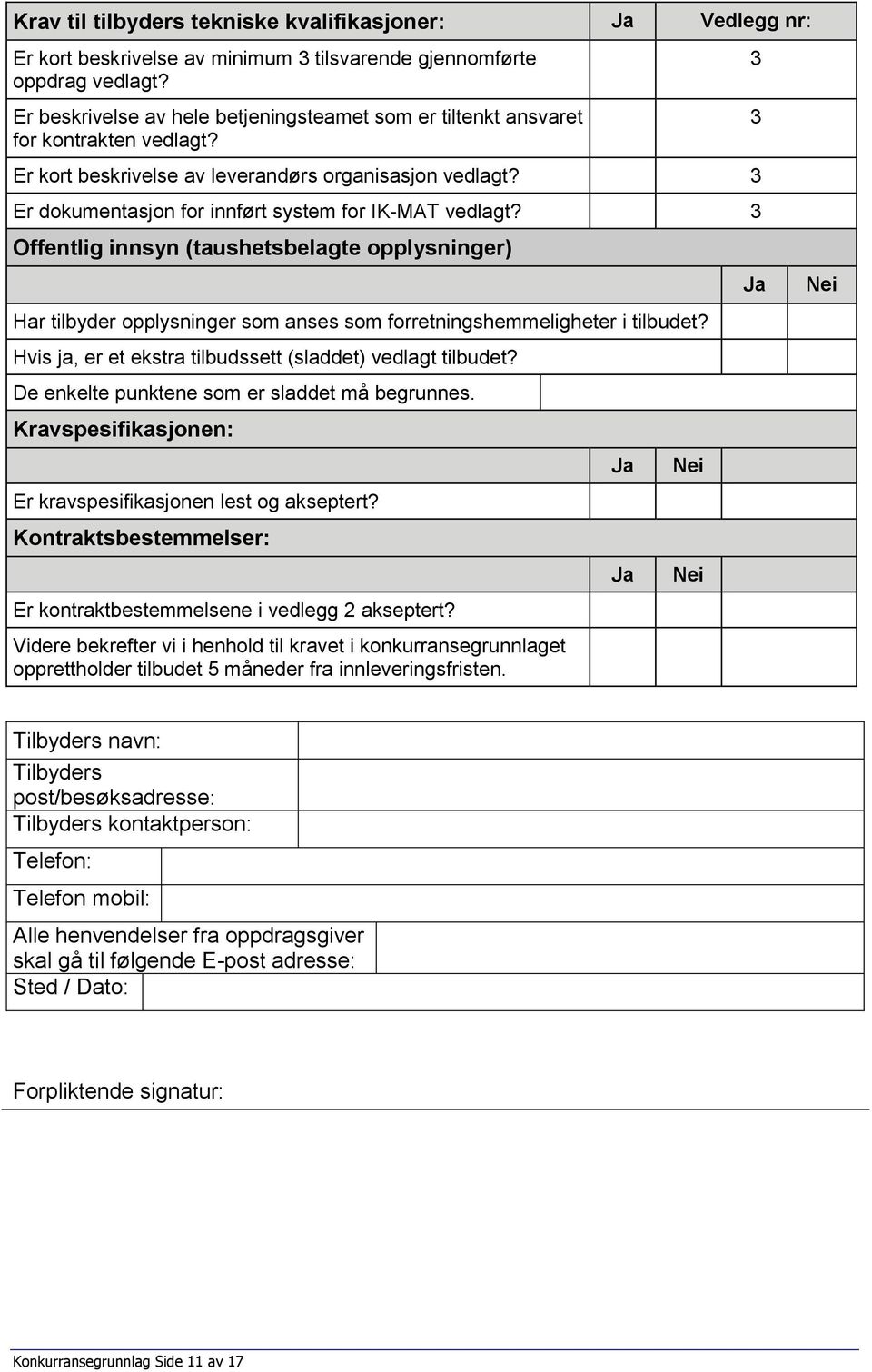 3 Er dokumentasjon for innført system for IK-MAT vedlagt? 3 Offentlig innsyn (taushetsbelagte opplysninger) Har tilbyder opplysninger som anses som forretningshemmeligheter i tilbudet?