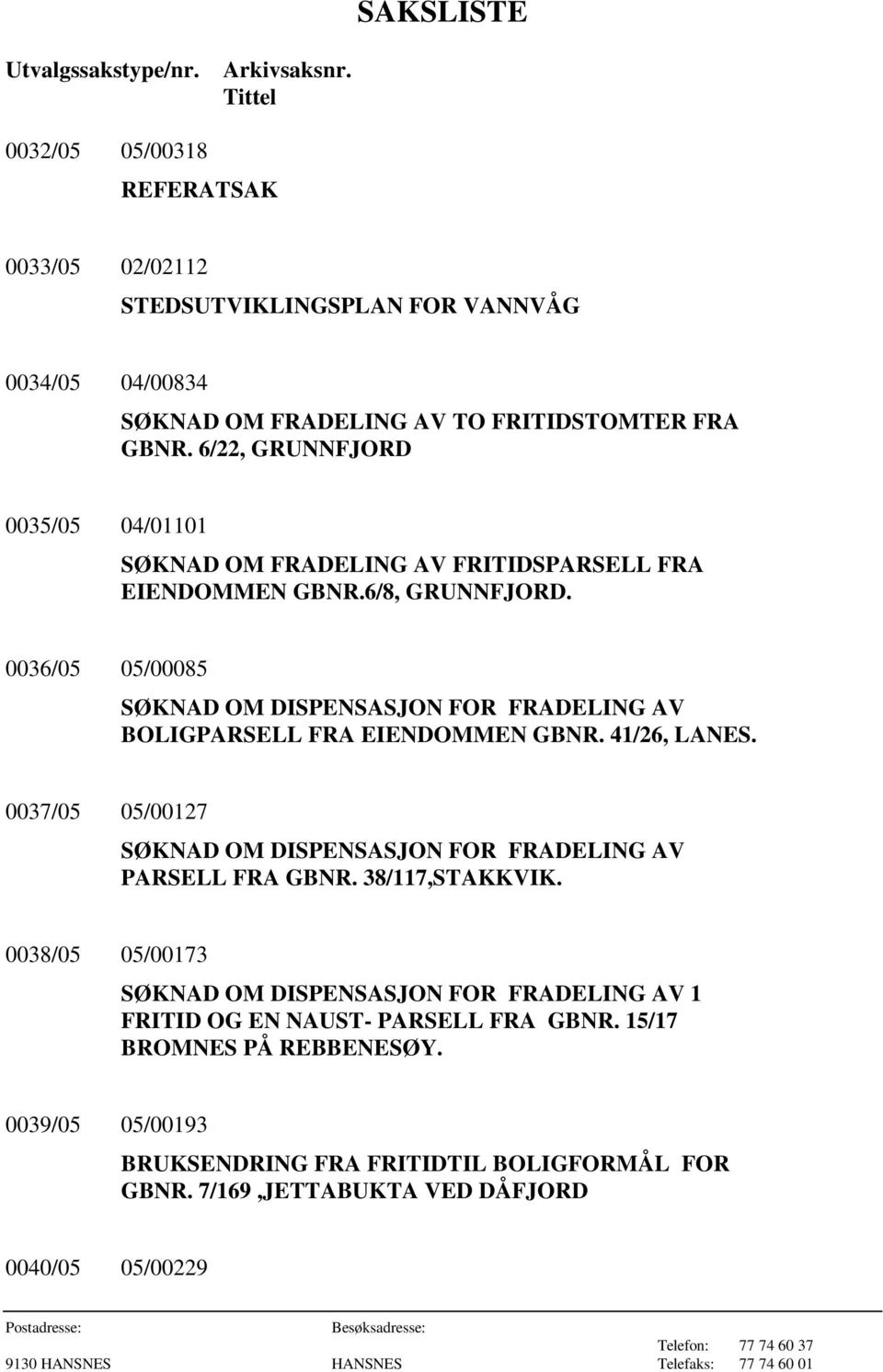 6/22, GRUNNFJORD 0035/05 04/01101 SØKNAD OM FRADELING AV FRITIDSPARSELL FRA EIENDOMMEN GBNR.6/8, GRUNNFJORD.