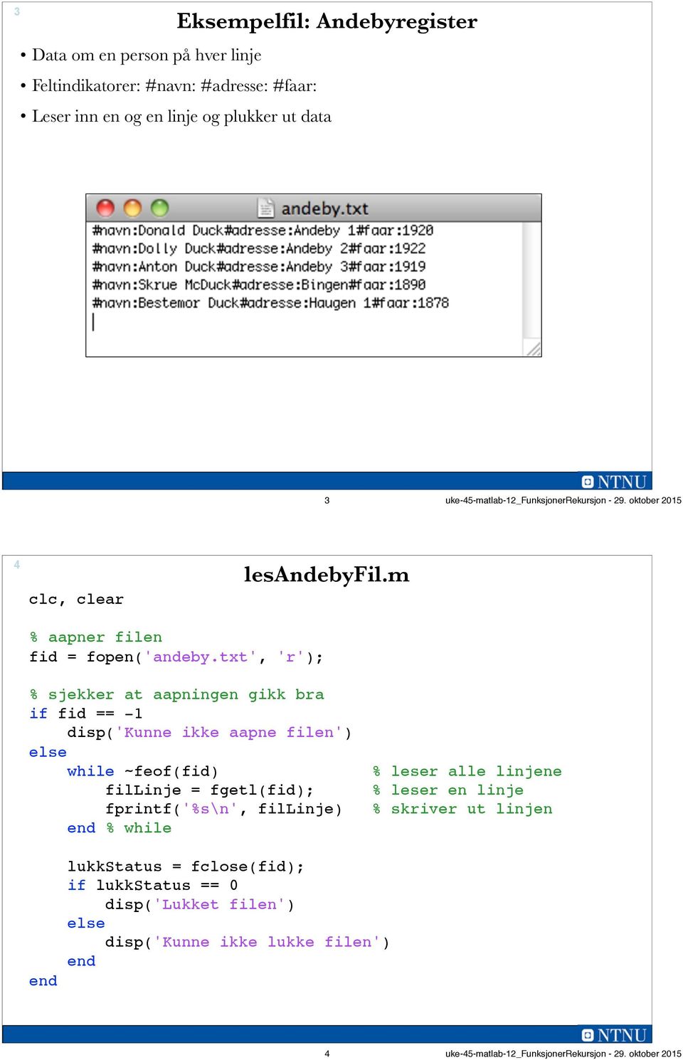 txt', 'r'); % sjekker at aapningen gikk bra if fid == -1 disp('kunne ikke aapne filen') while ~feof(fid) fillinje = fgetl(fid); fprintf('%s\n', fillinje) %