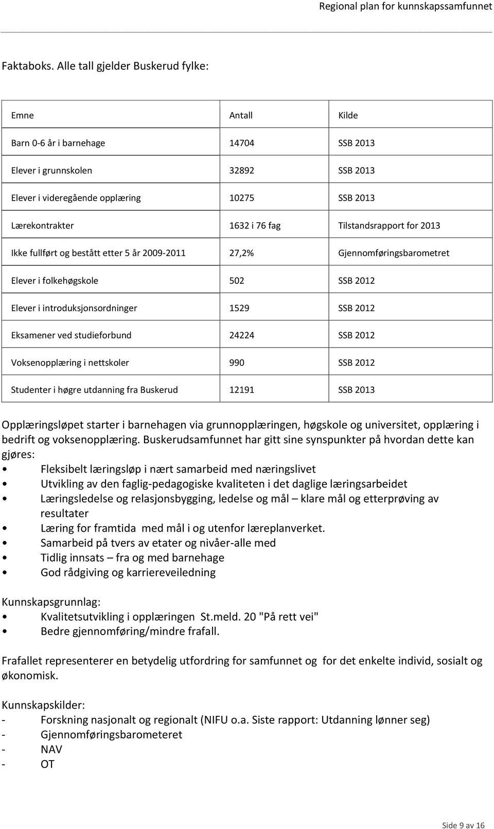 Lærekontrakter 1632 i 76 fag Tilstandsrapport for 2013 Ikke fullført og bestått etter 5 år 2009-2011 27,2% Gjennomføringsbarometret Elever i folkehøgskole 502 SSB 2012 Elever i introduksjonsordninger