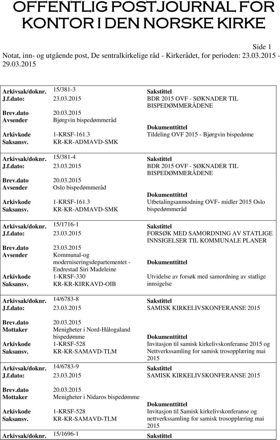 3 Utbetalingsanmodning OVF- midler 2015 Oslo Saksansv. KR-KR-ADMAVD-SMK bispedømmeråd Arkivsak/doknr. 15/1716-1 Sakstittel J.f.dato: 23.03.