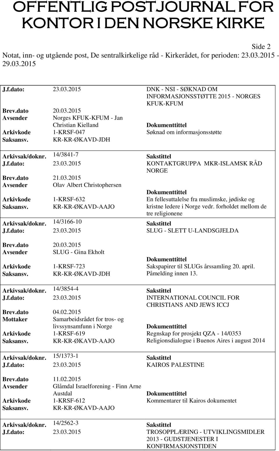 KR-KR-ØKAVD-AAJO kristne ledere i Norge vedr. forholdet mellom de tre religionene Arkivsak/doknr. 14/3166-10 Sakstittel J.f.dato: 23.03.