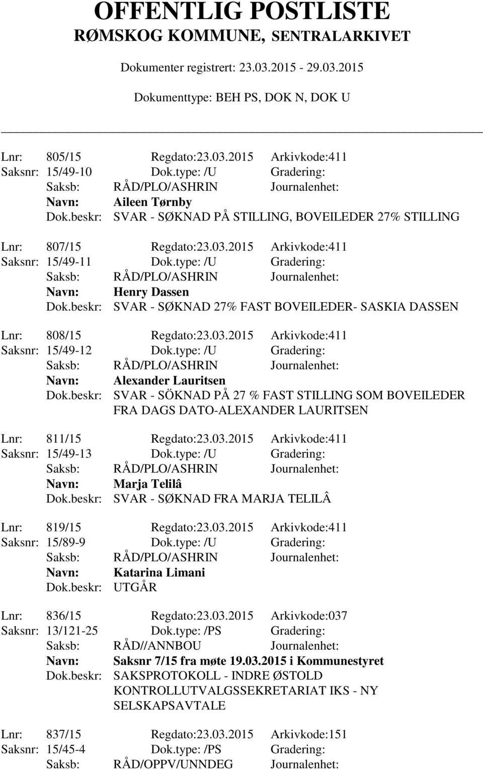 type: /U Gradering: Alexander Lauritsen Dok.beskr: SVAR - SÖKNAD PÅ 27 % FAST STILLING SOM BOVEILEDER FRA DAGS DATO-ALEXANDER LAURITSEN Lnr: 811/15 Regdato:23.03.