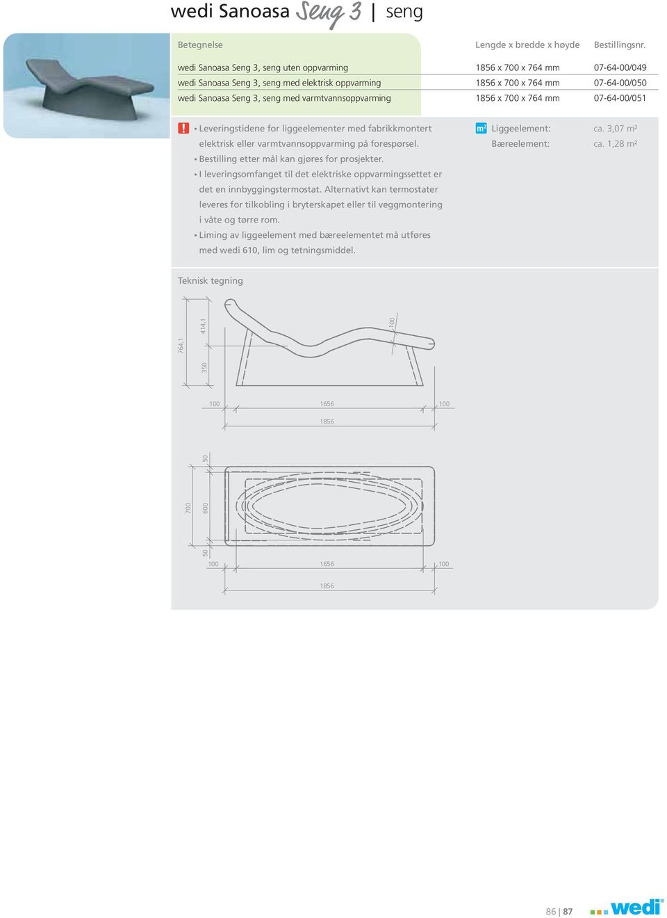 07-64-00/0 wedi Sanoasa Seng 3, seng med varmtvannsoppvarming 1856 x x 764 mm