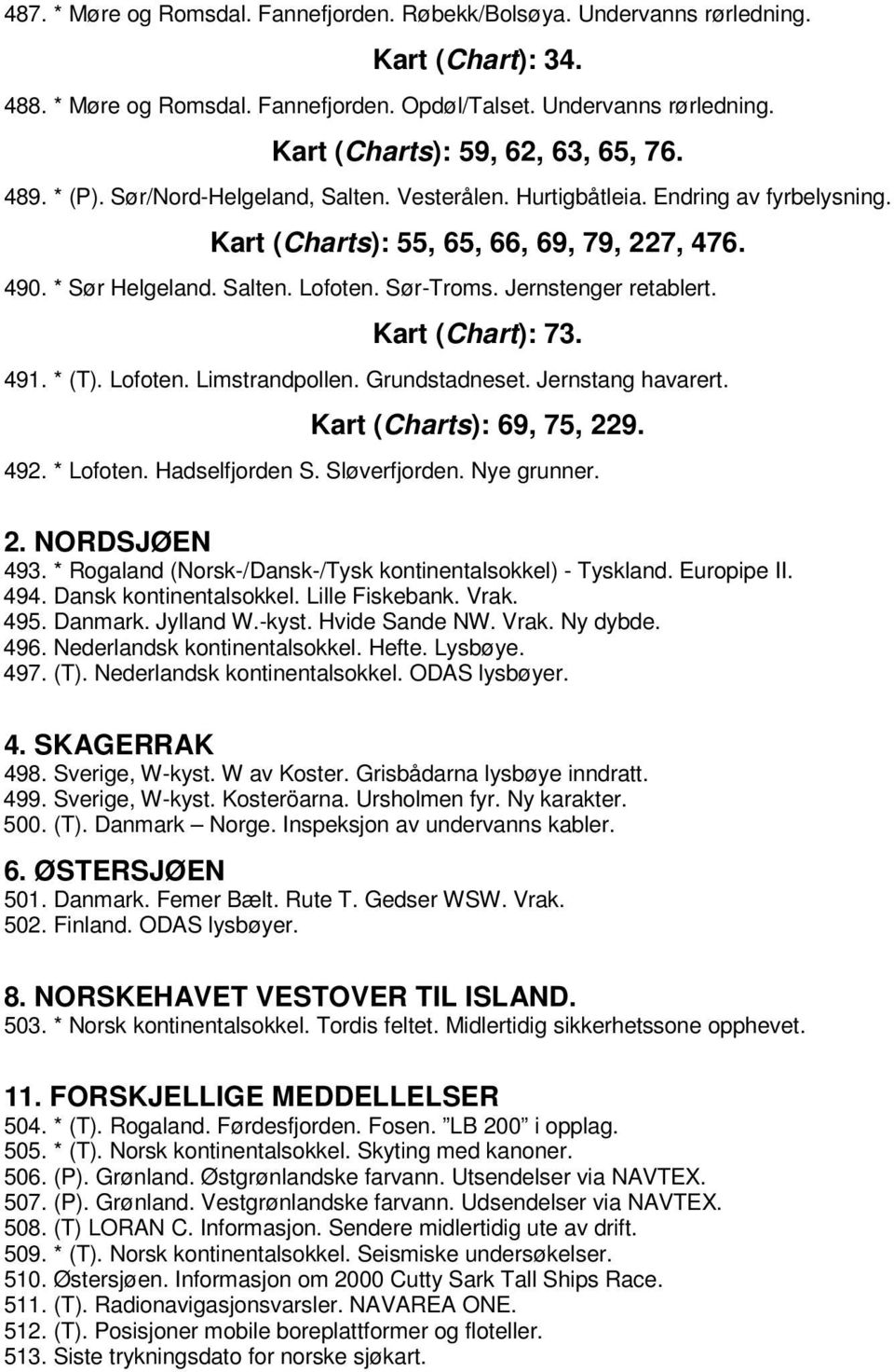 Jernstenger retablert. Kart (Chart): 73. 491. * (T). Lofoten. Limstrandpollen. Grundstadneset. Jernstang havarert. Kart (Charts): 69, 75, 229. 492. * Lofoten. Hadselfjorden S. Sløverfjorden.