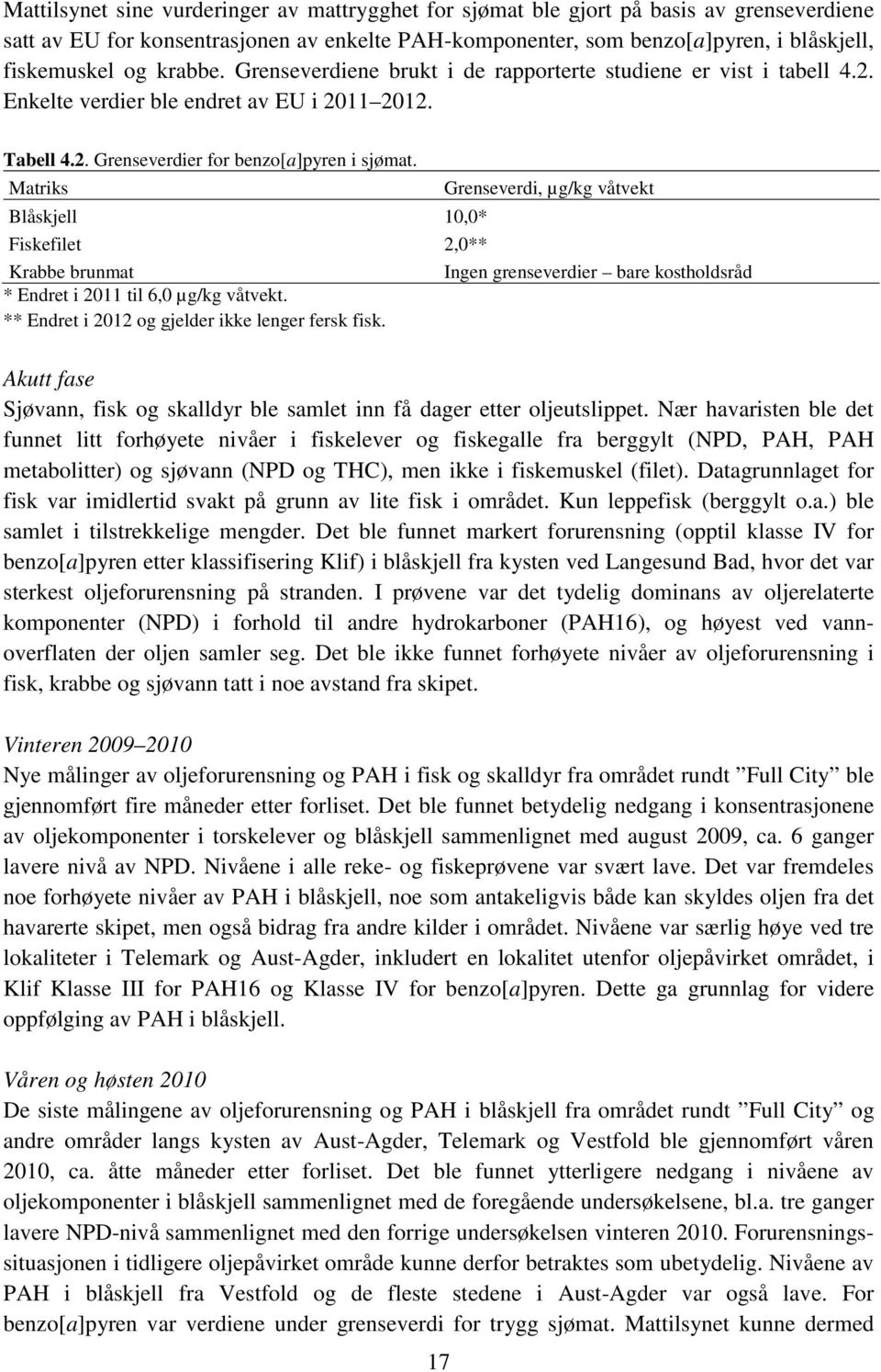 Matriks Grenseverdi, µg/kg våtvekt Blåskjell 10,0* Fiskefilet 2,0** Krabbe brunmat Ingen grenseverdier bare kostholdsråd * Endret i 2011 til 6,0 µg/kg våtvekt.