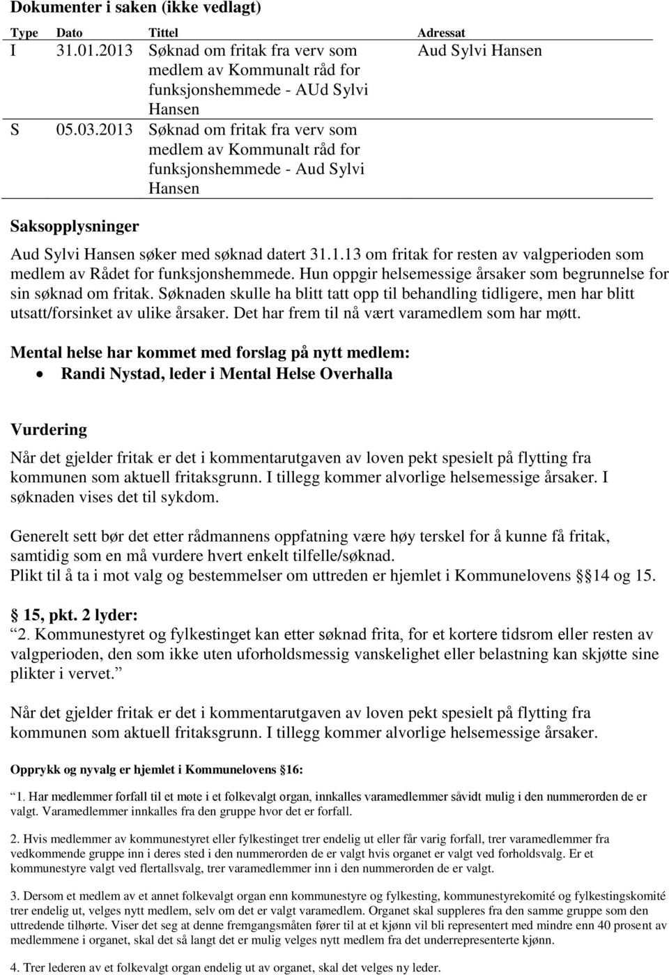 Hun oppgir helsemessige årsaker som begrunnelse for sin søknad om fritak. Søknaden skulle ha blitt tatt opp til behandling tidligere, men har blitt utsatt/forsinket av ulike årsaker.