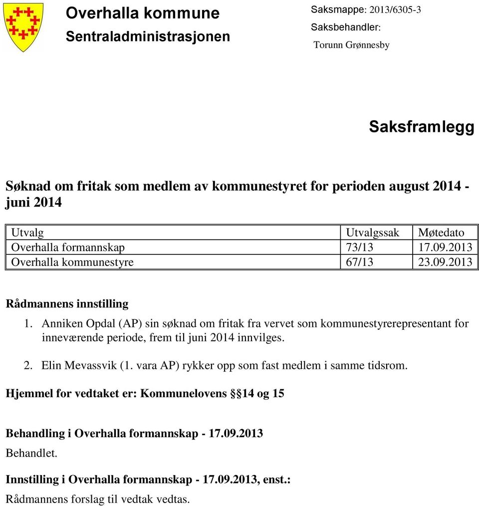 Anniken Opdal (AP) sin søknad om fritak fra vervet som kommunestyrerepresentant for inneværende periode, frem til juni 2014 innvilges. 2. Elin Mevassvik (1.