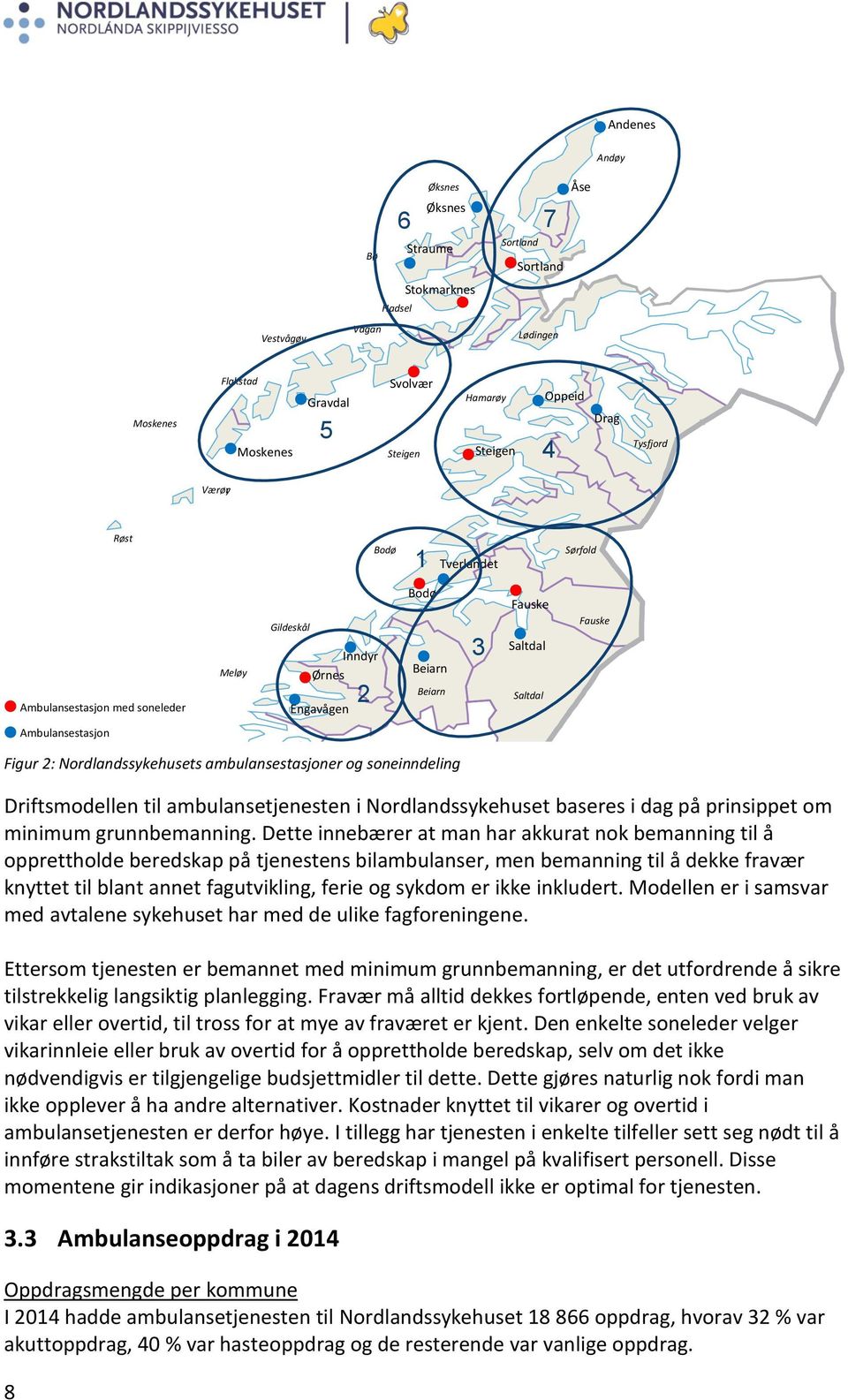 Nordlandssykehusets ambulansestasjoner og soneinndeling Driftsmodellen til ambulansetjenesten i Nordlandssykehuset baseres i dag på prinsippet om minimum grunnbemanning.