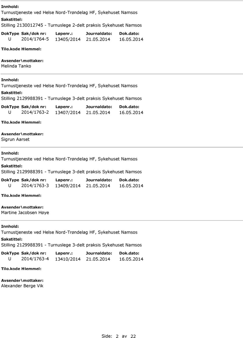 2014 Melinda Tanko Turnustjeneste ved Helse Nord-Trøndelag HF, Sykehuset Namsos Stilling 2129988391 - Turnuslege 3-delt praksis Sykehuset Namsos 2014/1763-2 13407/2014 Sigrun