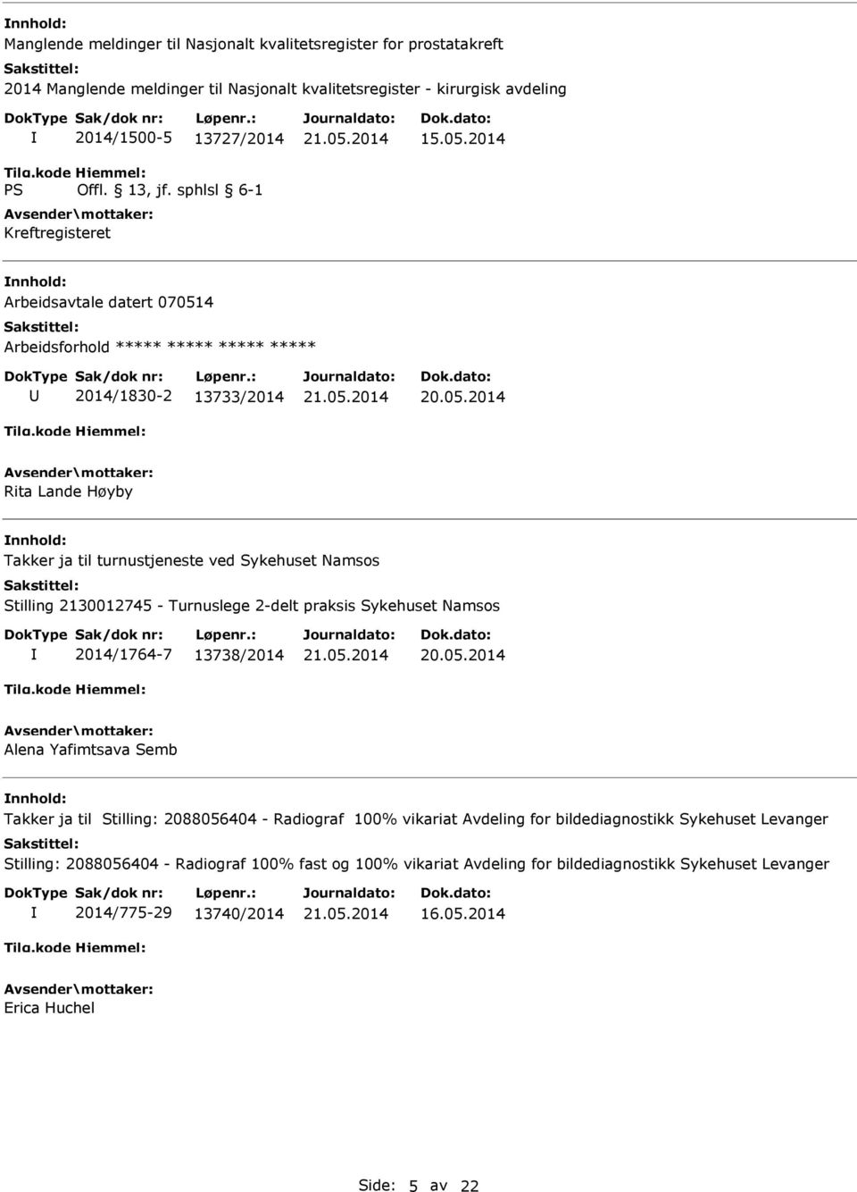 2014 Arbeidsavtale datert 070514 Arbeidsforhold ***** ***** ***** ***** 2014/1830-2 13733/2014 Rita Lande Høyby Takker ja til turnustjeneste ved Sykehuset Namsos Stilling 2130012745 -