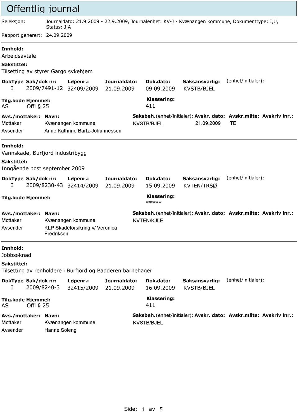 : TE Avsender Anne Kathrine Bartz-Johannessen nnhold: Vannskade, Burfjord industribygg nngående post september 2009 2009/8230-43 32414/2009 Avs./mottaker: Navn: Saksbeh. Avskr. dato: Avskr.