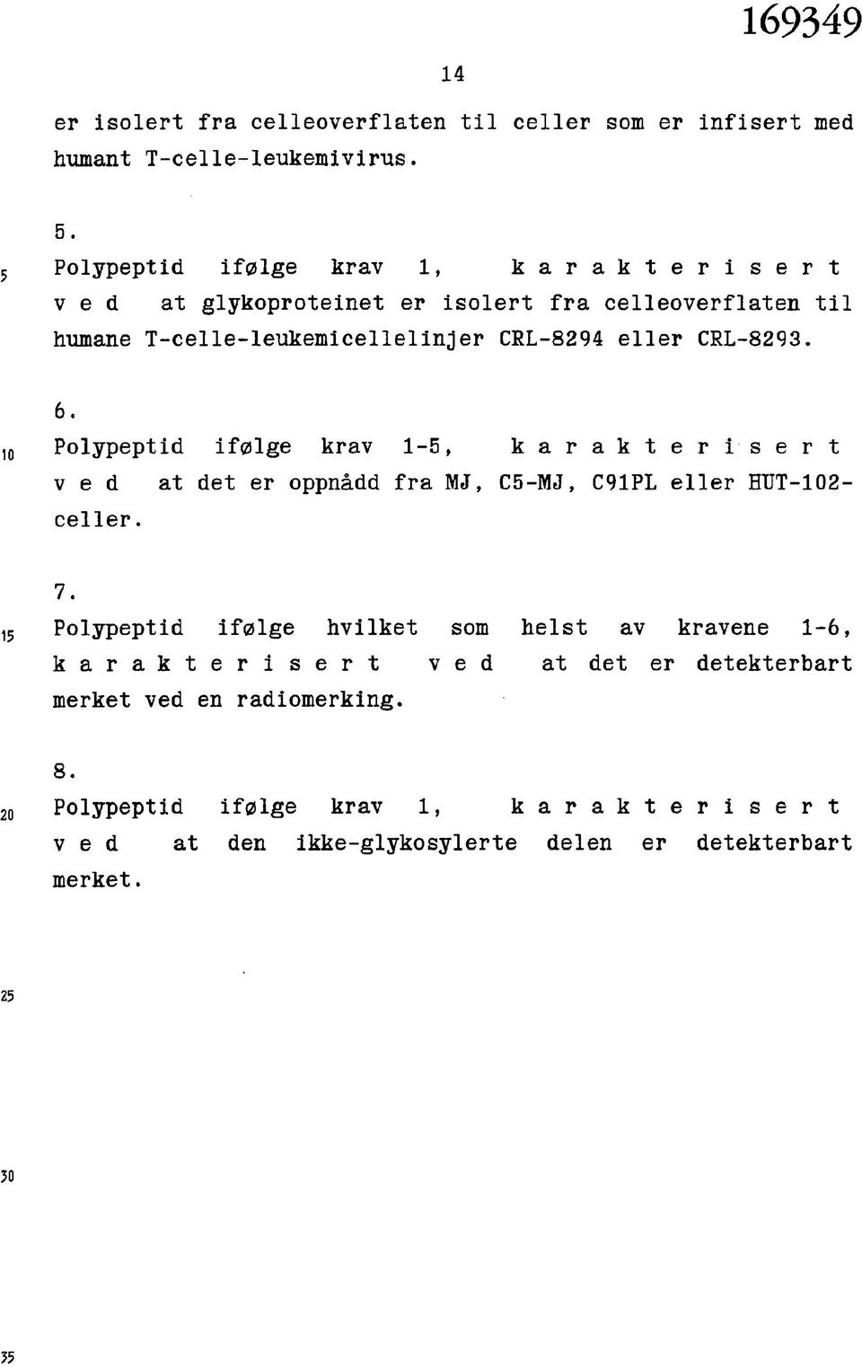 CRL-8293. 6. 10 Polypeptid ifølge krav 1-5, k a r a k t e r i s e r t v e d at det er oppnådd fra MJ, C5-MJ, C91PL eller HUT-102- celler. 7.