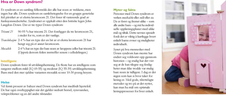 Syndromet er oppkalt etter den brit iske legen John Langdon-Down. Der er tre typer Down syndrom: Trisomi 21 90-95 % har trisomi 21.