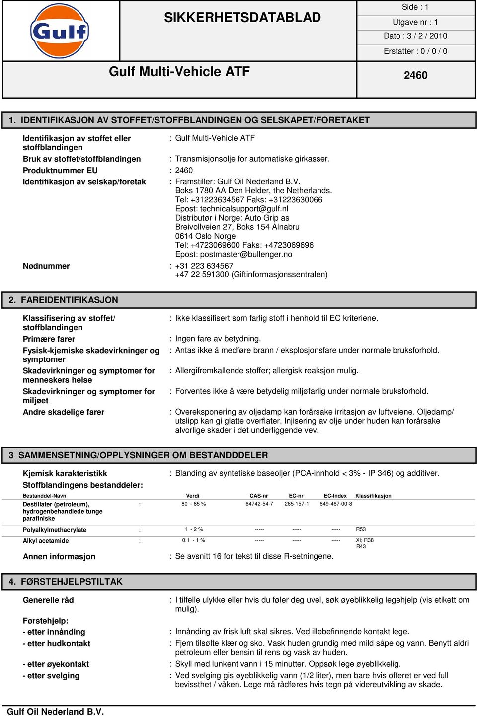 automatiske girkasser. Produktnummer EU : 2460 Identifikasjon av selskap/foretak : Framstiller: Boks 1780 AA Den Helder, the Netherlands.