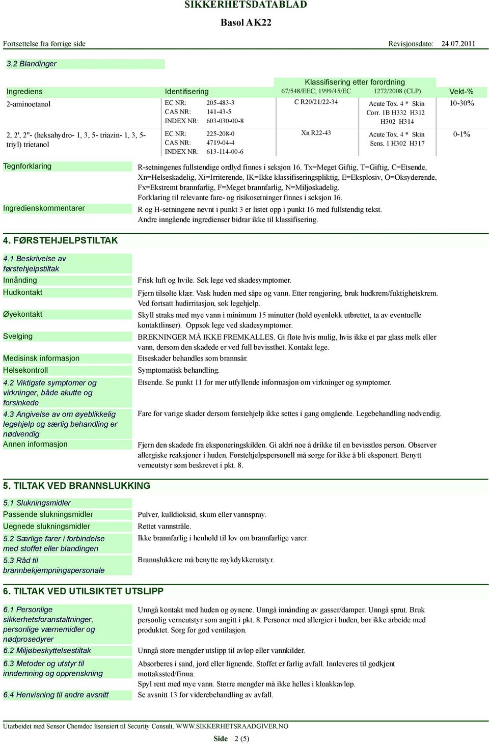 4 * Skin Corr. 1B H332 H312 H302 H314 Acute Tox. 4 * Skin Sens. 1 H302 H317 R-setningenes fullstendige ordlyd finnes i seksjon 16.