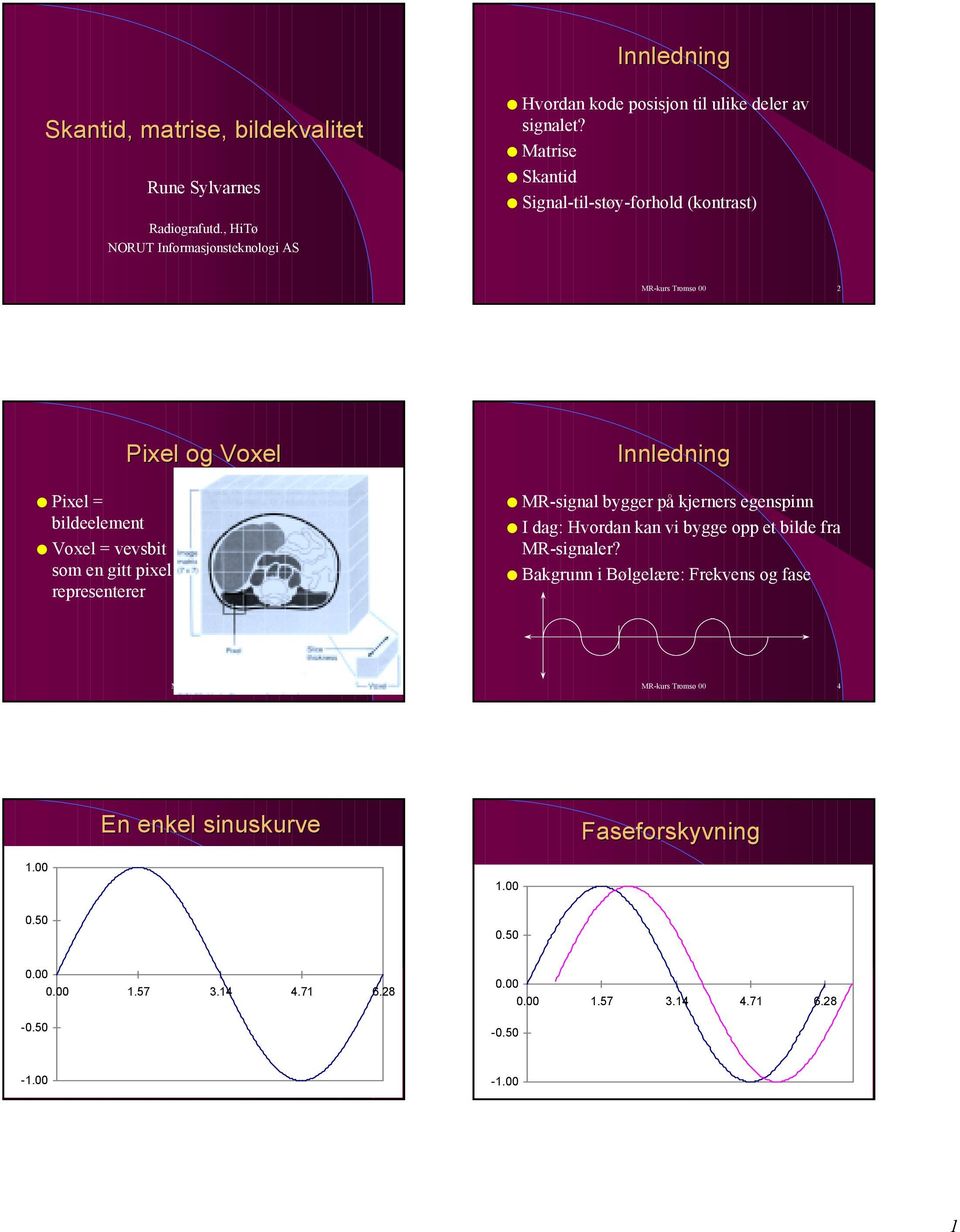 bygger på kjerners egenspinn I dag: Hvordan kan vi bygge opp et bilde fra MR-signaler? Bakgrunn i Bølgelære: Frekvens og fase MR-kurs Tromsø 00 3 MR-kurs Tromsø 00 4 1.