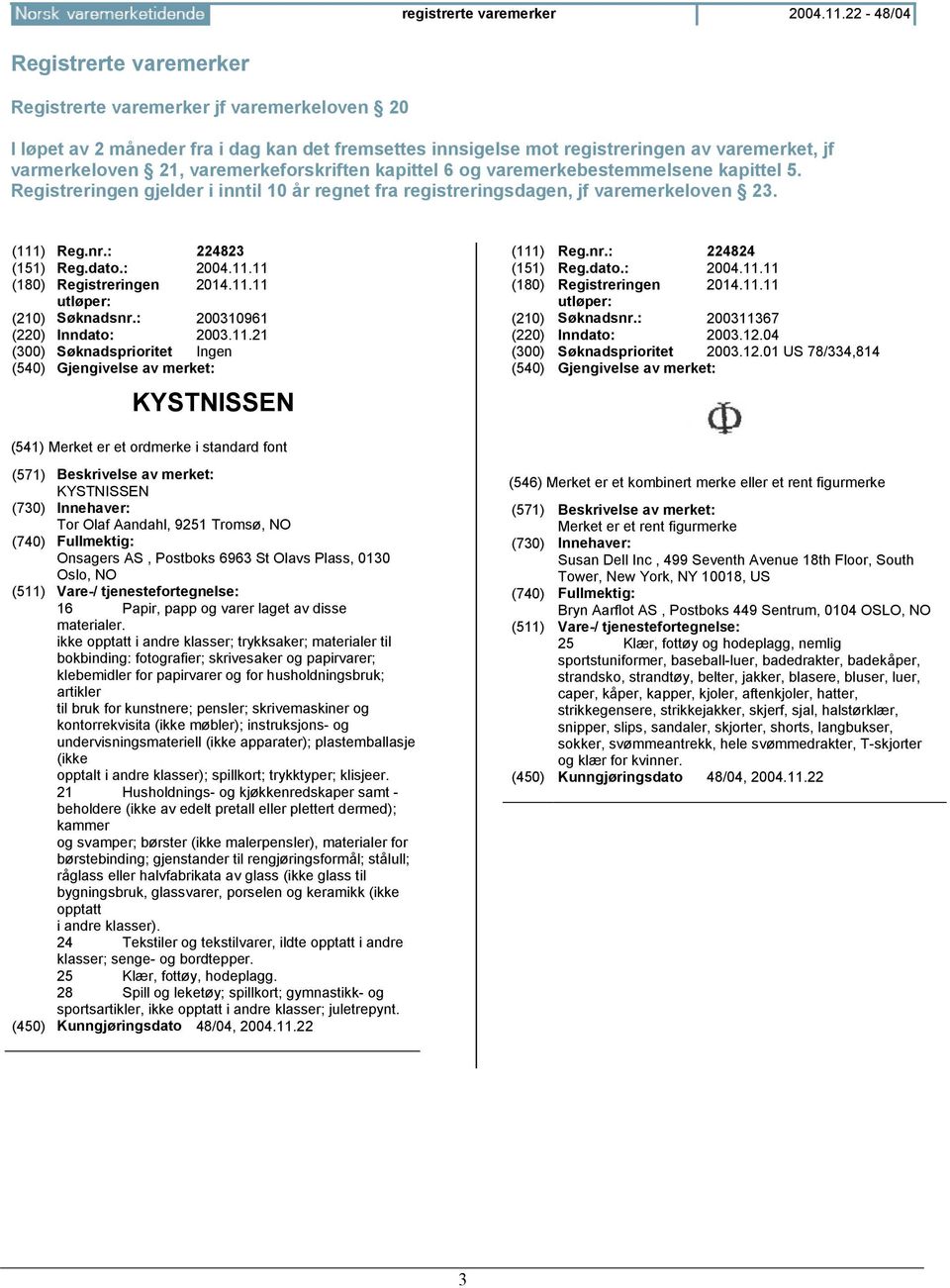 varemerkeforskriften kapittel 6 og varemerkebestemmelsene kapittel 5. Registreringen gjelder i inntil 10 år regnet fra registreringsdagen, jf varemerkeloven 23. (111) Reg.nr.: 224823 (151) Reg.dato.