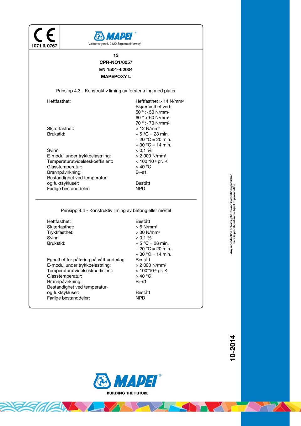 min. + 20 C = 20 min. + 30 C = 14 min. Svinn: < 0,1 % E-modul under trykkbelastning: > 2 000 N/mm 2 Temperaturutvidelseskoeffisient: < 100*10-6 pr.