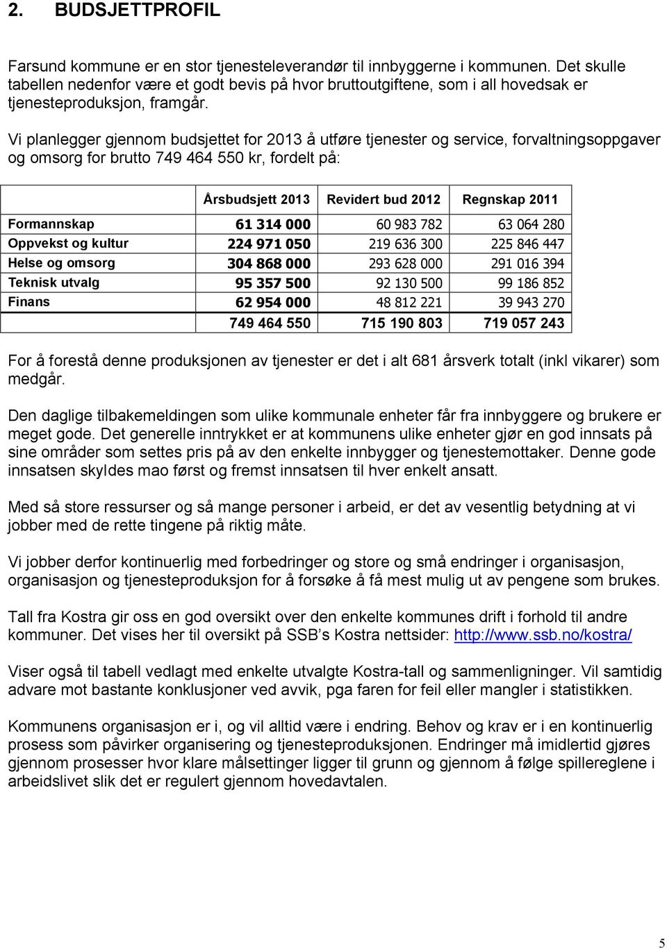 Vi planlegger gjennom budsjettet for 2013 å utføre tjenester og service, forvaltningsoppgaver og omsorg for brutto 749 464 550 kr, fordelt på: Årsbudsjett 2013 Revidert bud 2012 Regnskap 2011