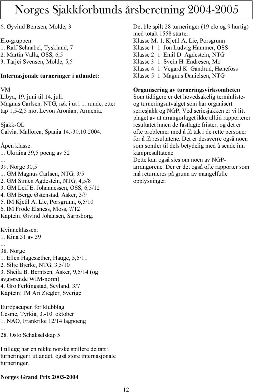 Sjakk-OL Calvia, Mallorca, Spania 14.-30.10.2004. Åpen klasse: 1. Ukraina 39,5 poeng av 52... 39. Norge 30,5 1. GM Magnus Carlsen, NTG, 3/5 2. GM Simen Agdestein, NTG, 4,5/8 3. GM Leif E.