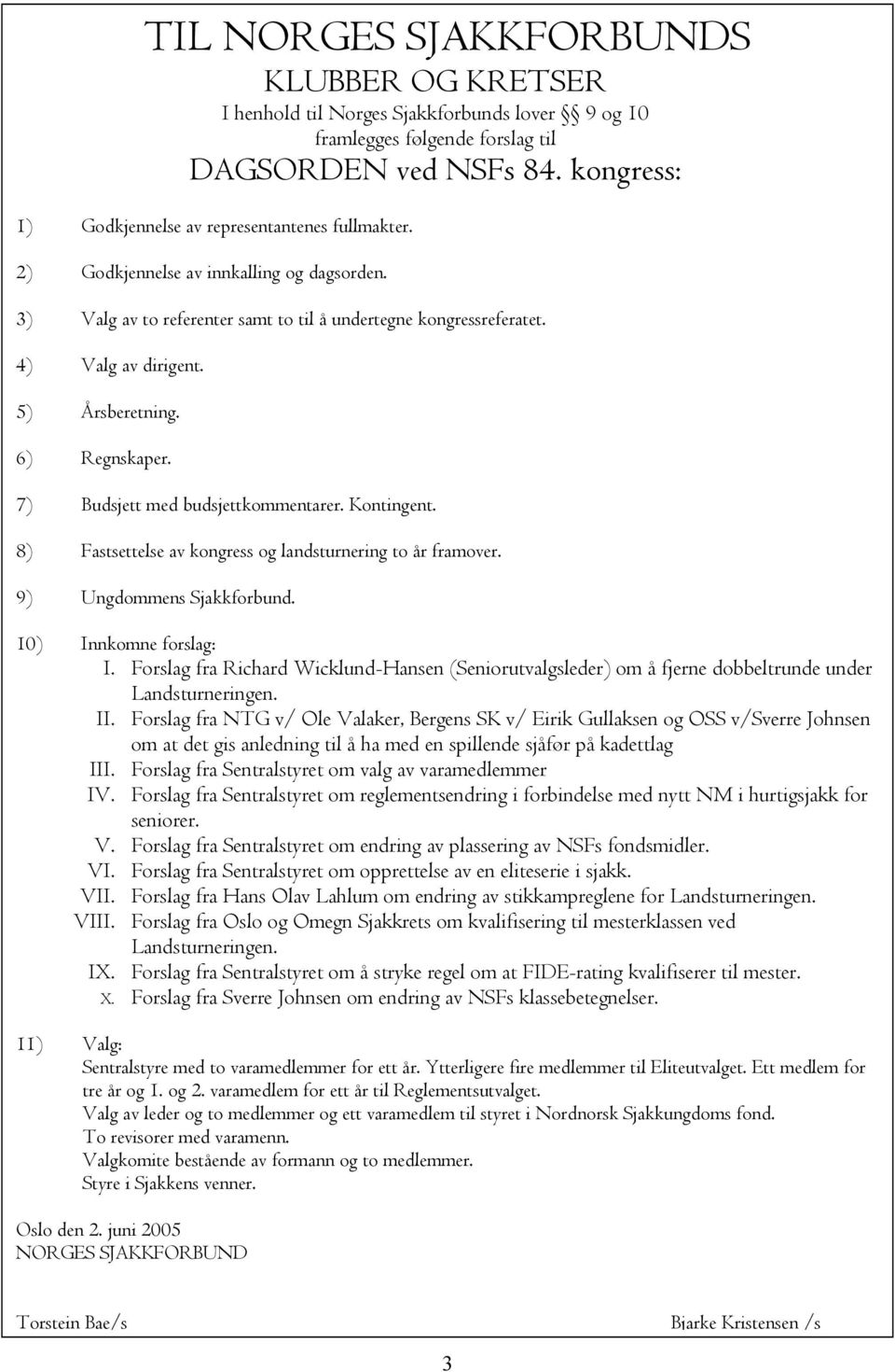 5) Årsberetning. 6) Regnskaper. 7) Budsjett med budsjettkommentarer. Kontingent. 8) Fastsettelse av kongress og landsturnering to år framover. 9) Ungdommens Sjakkforbund. 10) Innkomne forslag: I.