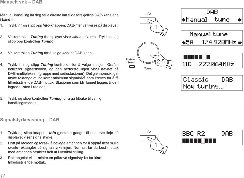 Trykk inn og slipp Tuning-kontrollen for å velge stasjon. Grafen indikerer signalstyrken, og den nederste linjen viser navnet på DAB-multipleksen (gruppe med radiostasjoner).