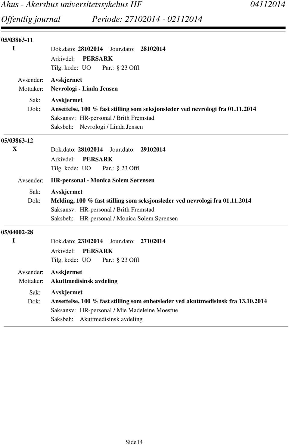 2014 Saksansv: HR-personal / Brith Fremstad Saksbeh: HR-personal / Monica Solem Sørensen 05/04002-28 I Dok.dato: 23102014 Jour.