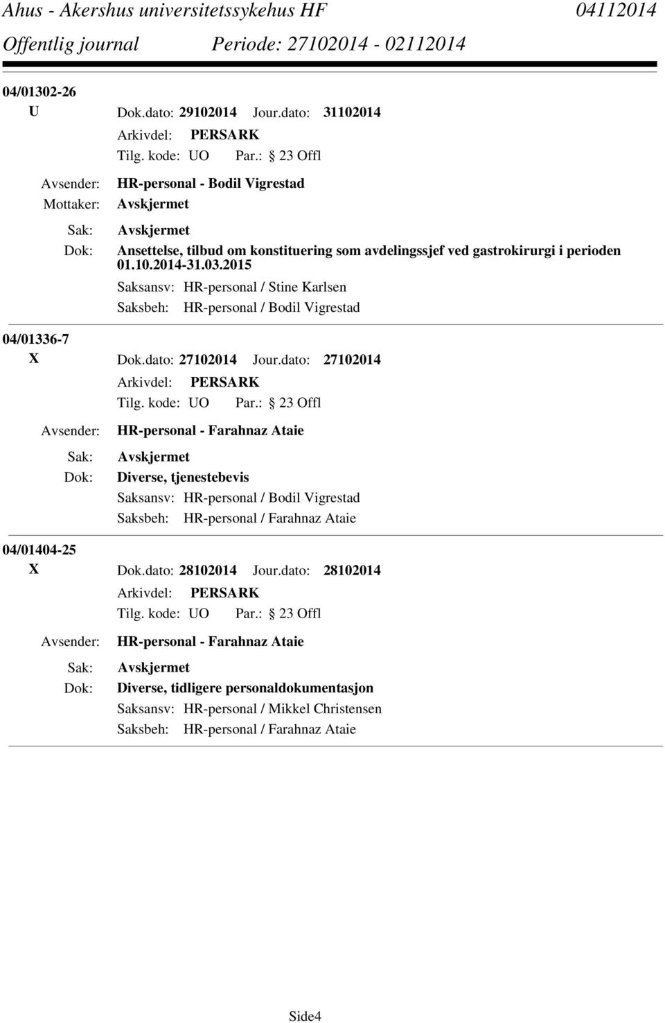 2015 Saksansv: HR-personal / Stine Karlsen Saksbeh: HR-personal / Bodil Vigrestad 04/01336-7 X Dok.dato: 27102014 Jour.